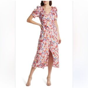 FLORET STUDIOS Floral Satin Faux Wrap Midi Dress Size S